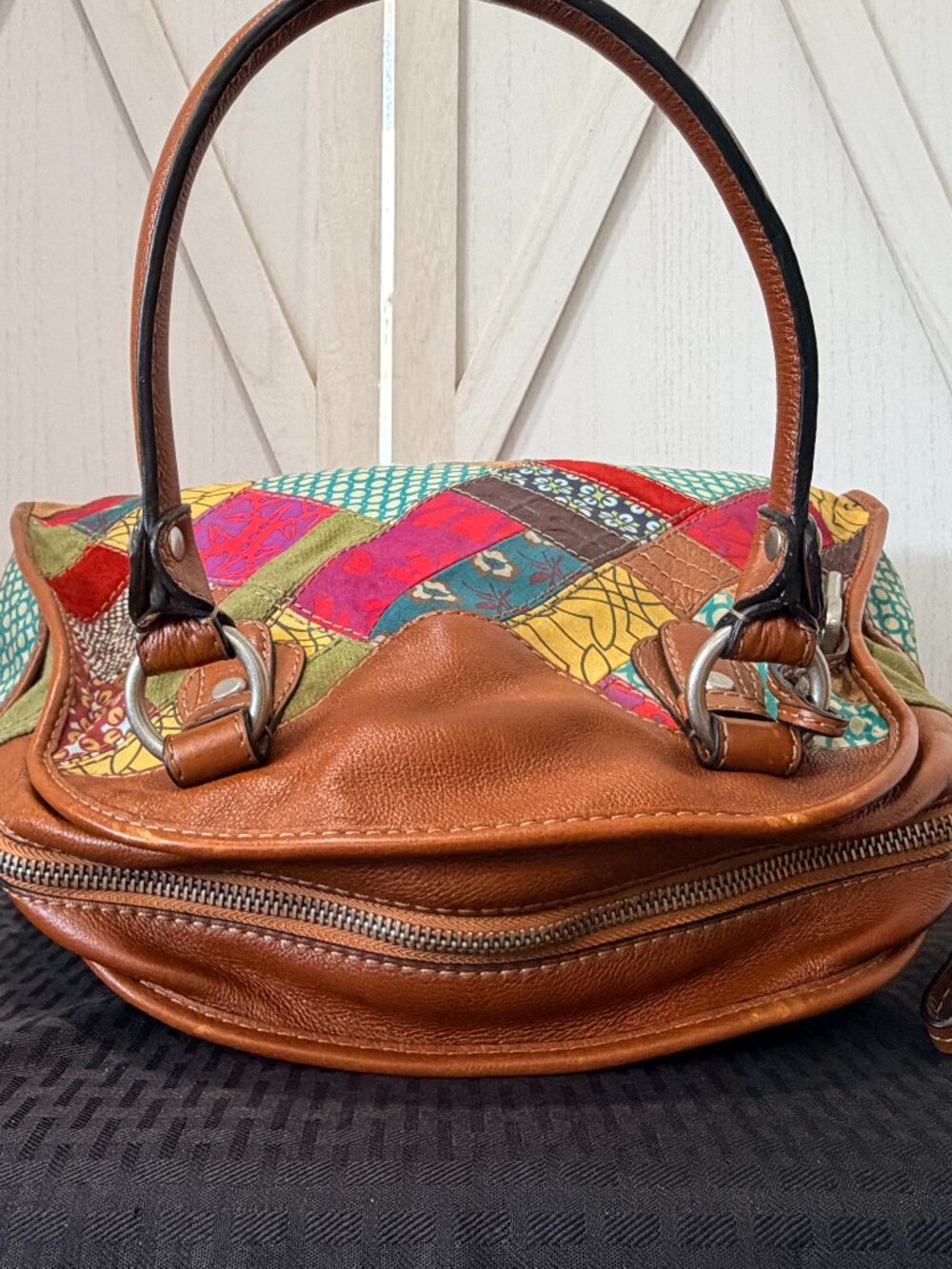 Fossil Large Patchwork Satchel Handbag Multicolor Leather Fabric Boho Purse - Picture 7 of 12